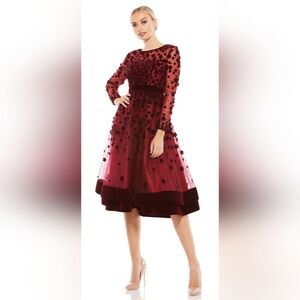 burgundy long sleeve fit and flare dress Burgundy Wool Fit & Flare Dress - A-Line Long Sleeve | Xiaolizi 4815 main image 1